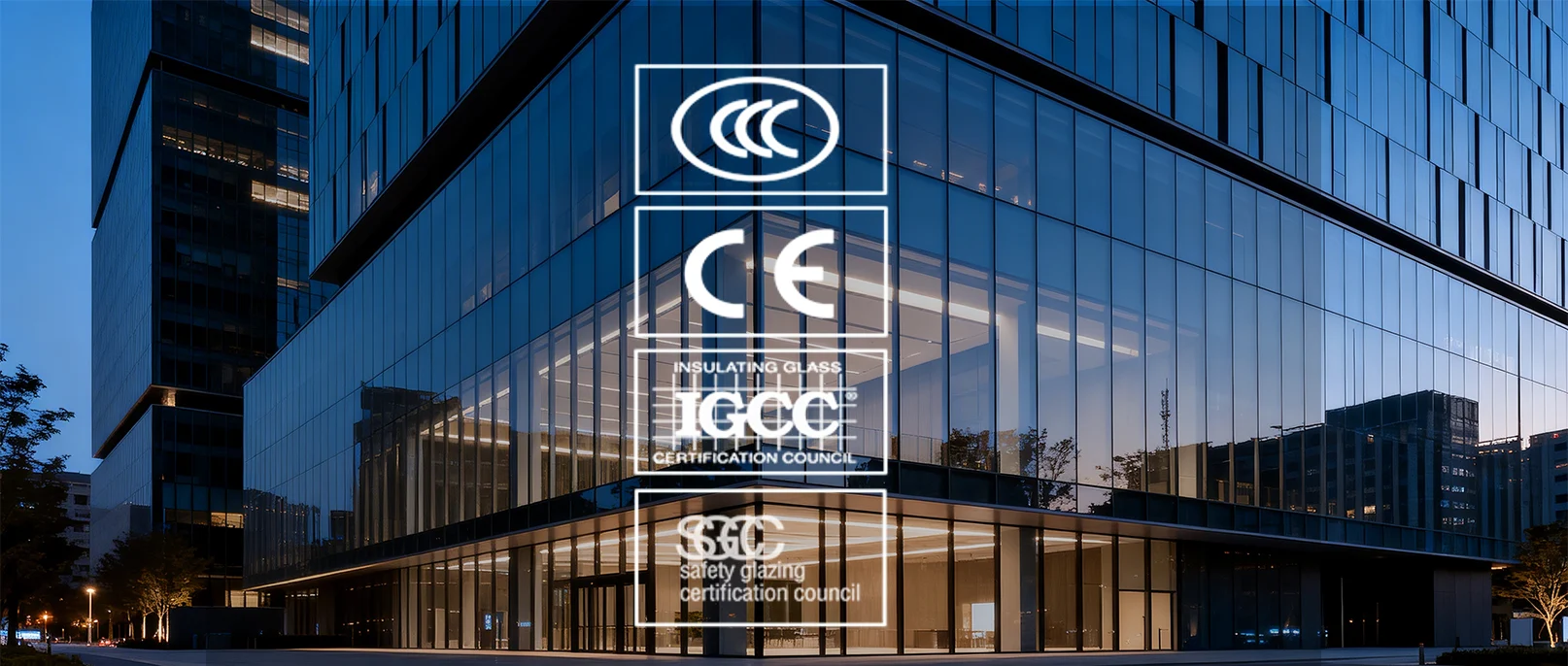 International certification badge on glass facade